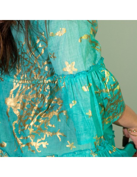 Robe Nomad Sari méditerranéenne – Corail turquoise & or (M/L)