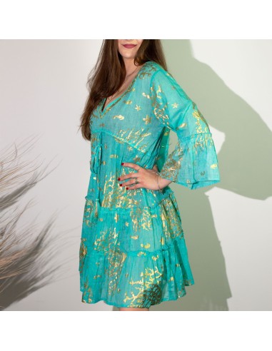 Robe Nomad Sari méditerranéenne – Corail turquoise & or (M/L)