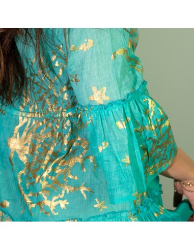 Robe Nomad Sari méditerranéenne – Corail turquoise & or (M/L)