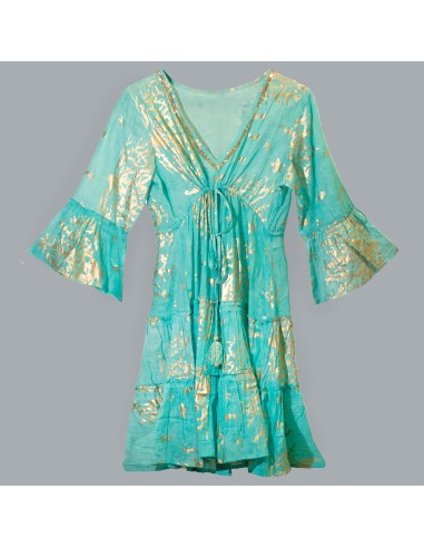 Robe Nomad Sari méditerranéenne – Corail turquoise & or (M/L)