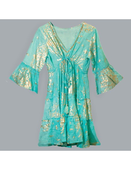 Robe Nomad Sari méditerranéenne – Corail turquoise & or (M/L)