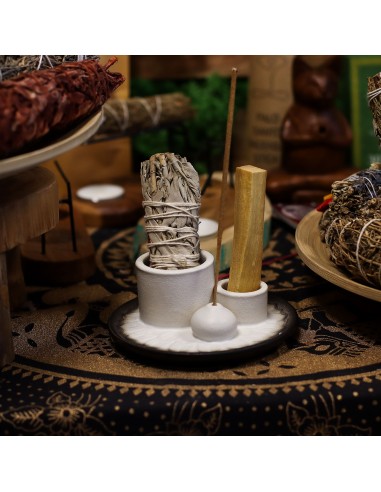 Support céramique pour palo santo & encens – Mandala blanc et gris