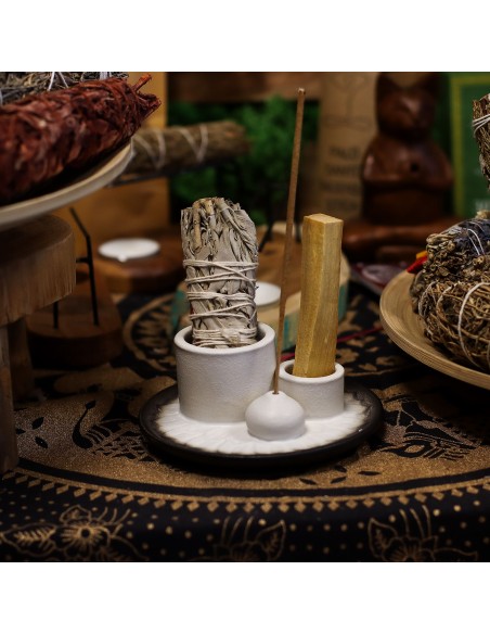 Support céramique pour palo santo & encens – Mandala blanc et gris