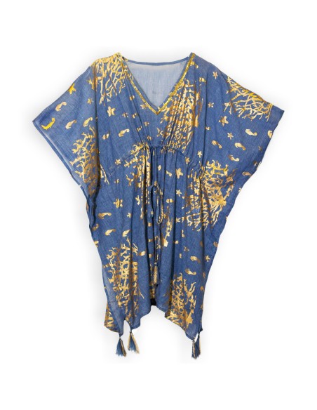 Kaftan Nomad Sari – Bleu marine & corail doré