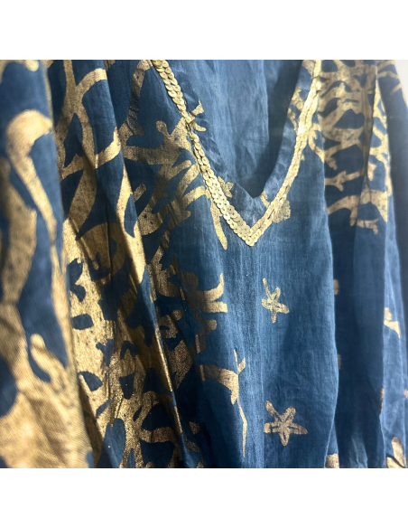 Kaftan Nomad Sari – Bleu marine & corail doré