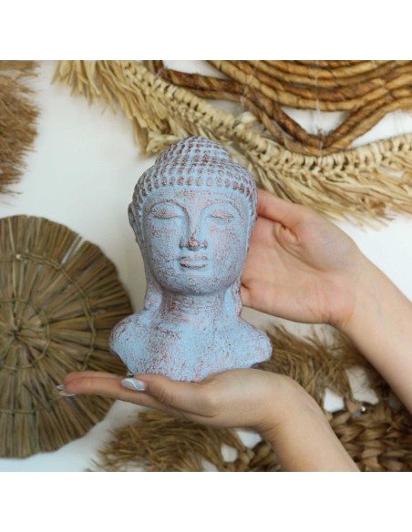 Tête de Bouddha méditatif – Nuances cuivre & bleu