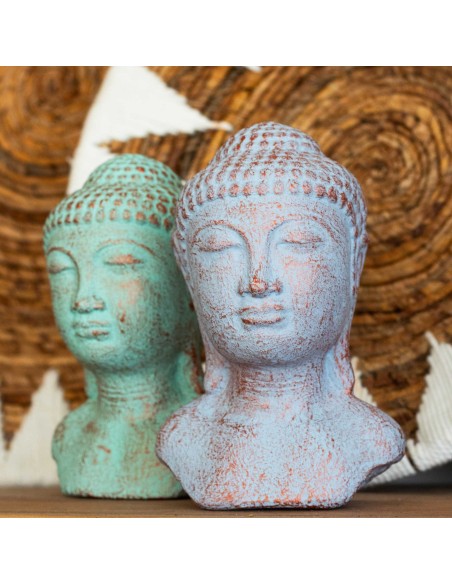 Tête de Bouddha méditatif – Nuances cuivre & bleu