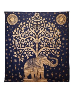Colcha & tenture éléphant & arbre – Bleu doré zen