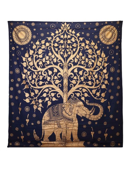 Colcha & tenture éléphant & arbre – Bleu doré zen