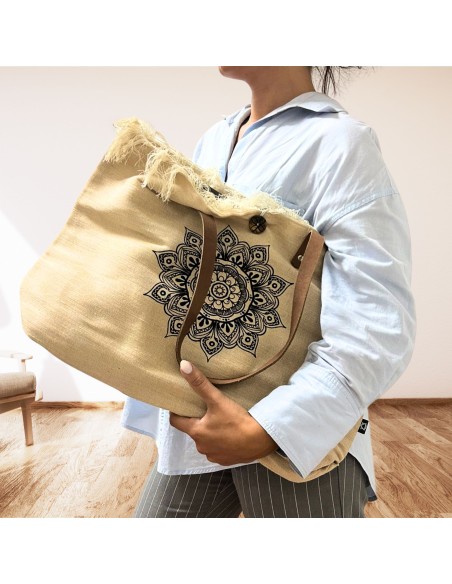 Grand sac naturel avec anses en cuir – Fleur de Vie