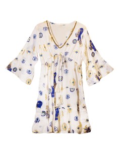 Robe Nomad Sari – Œil protecteur blanc, bleu & or (M/L)