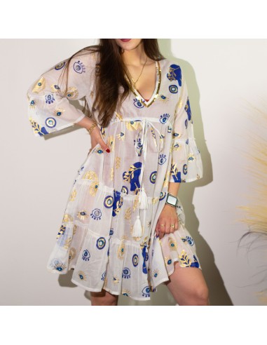 Robe Nomad Sari – Œil protecteur blanc, bleu & or (M/L)