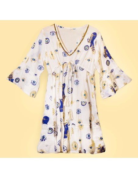 Robe Nomad Sari – Œil protecteur blanc, bleu & or (M/L)