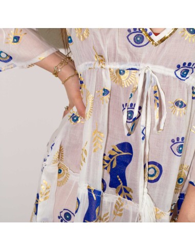 Robe Nomad Sari – Œil protecteur blanc, bleu & or (M/L)