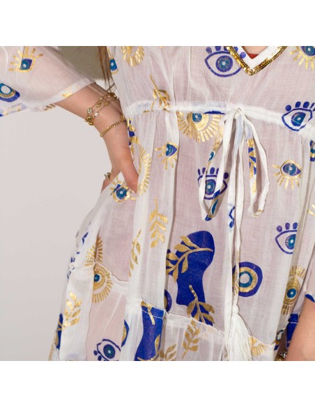 Robe Nomad Sari – Œil protecteur blanc, bleu & or (M/L)