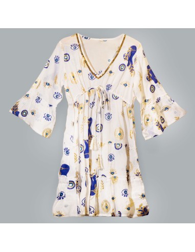Robe Nomad Sari – Œil protecteur blanc, bleu & or (M/L)