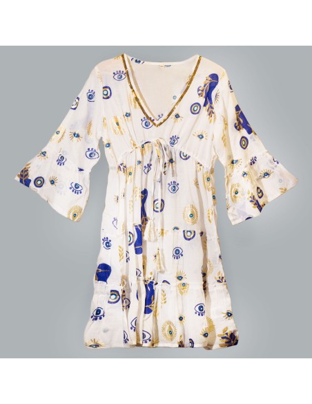 Robe Nomad Sari – Œil protecteur blanc, bleu & or (M/L)