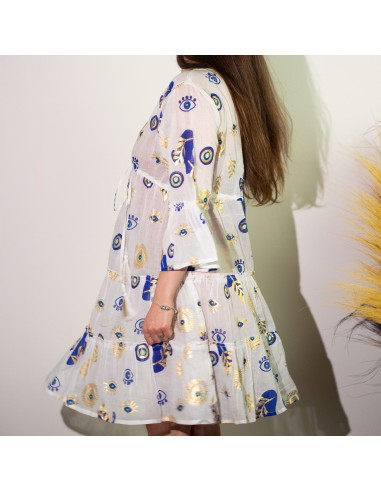 Robe Nomad Sari – Œil protecteur blanc, bleu & or (M/L)