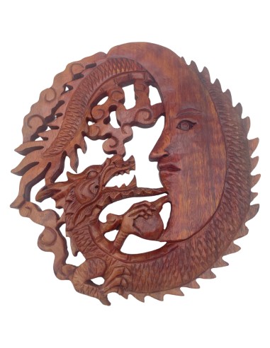 Panneau mural bois sculpté – Lune & dragon