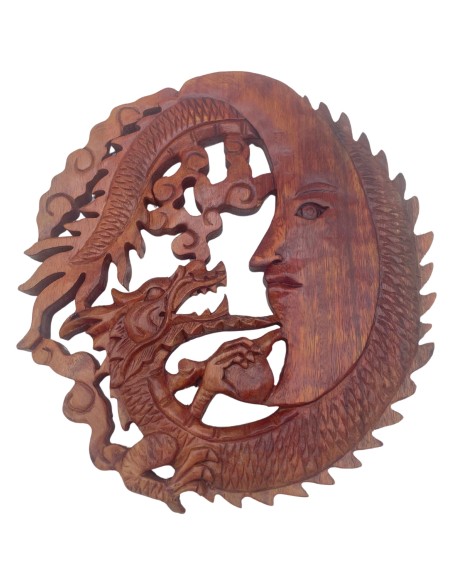 Panneau mural bois sculpté – Lune & dragon
