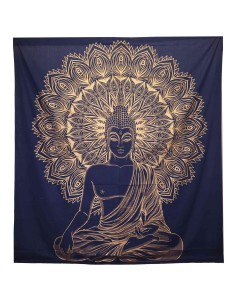 Colcha & tenture Bouddha bleu doré – Sérénité royale