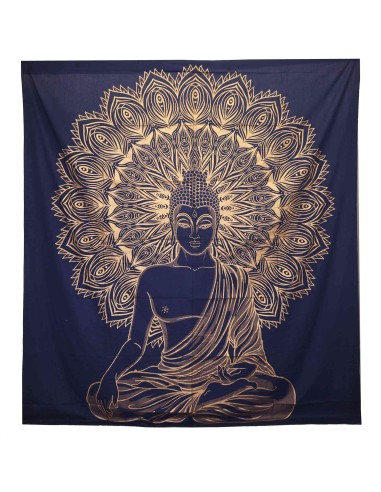 Colcha & tenture Bouddha bleu doré – Sérénité royale