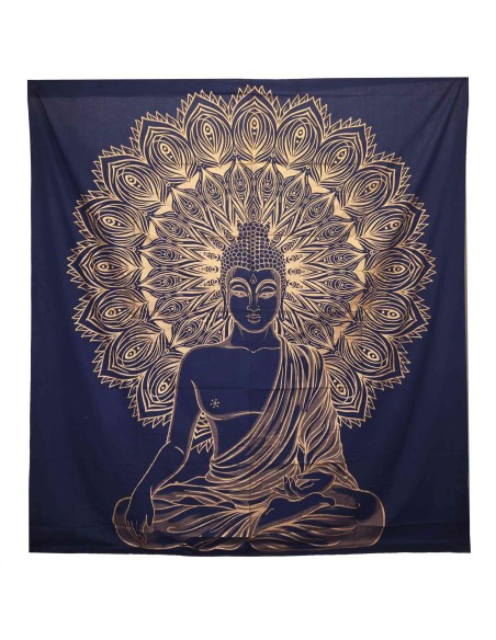 Colcha & tenture Bouddha bleu doré – Sérénité royale