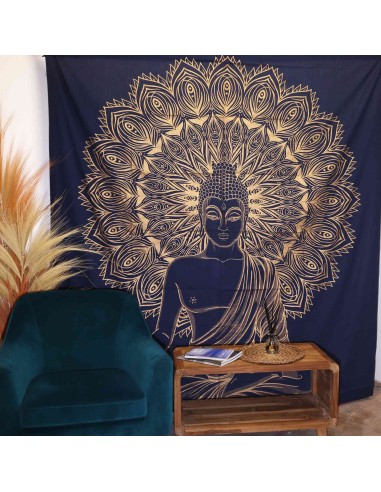 Colcha & tenture Bouddha bleu doré – Sérénité royale