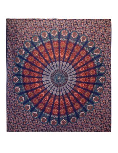 Couvre-lit double coton + tenture murale - Mandala Paon - Bleu