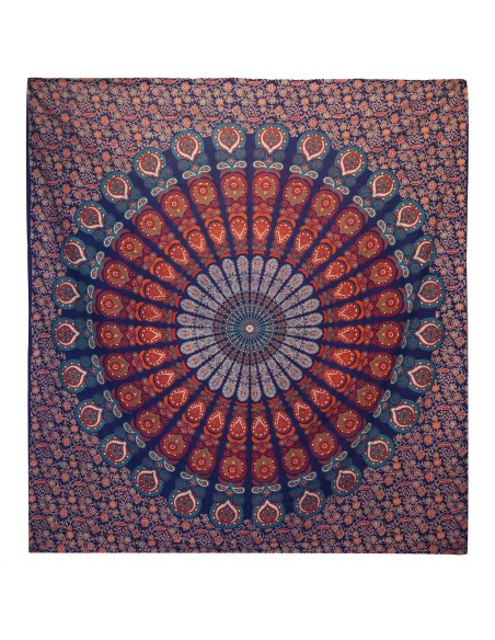 Couvre-lit double coton + tenture murale - Mandala Paon - Bleu