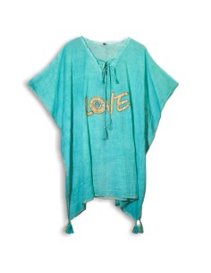 Kaftan nomade en sari méditerranéen – Cœur turquoise & or