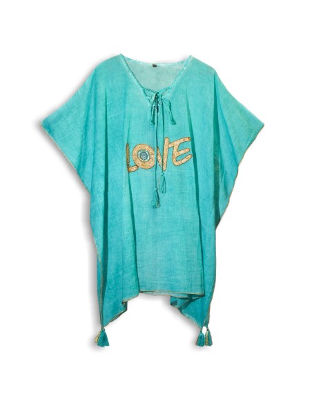 Kaftan nomade en sari méditerranéen – Cœur turquoise & or