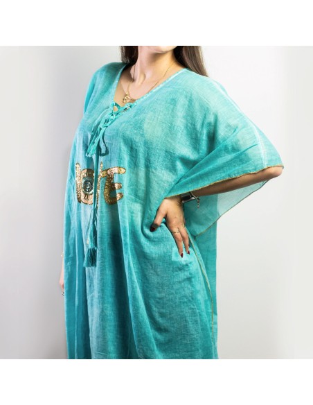 Kaftan nomade en sari méditerranéen – Cœur turquoise & or