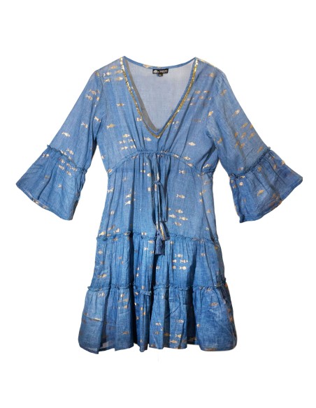 Robe Nomad Sari méditerranéenne – Poissons bleus & dorés (M/L)