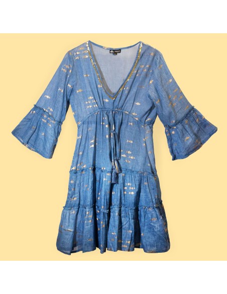 Robe Nomad Sari méditerranéenne – Poissons bleus & dorés (M/L)