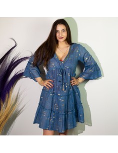 Robe Nomad Sari méditerranéenne – Poissons bleus & dorés (M/L)
