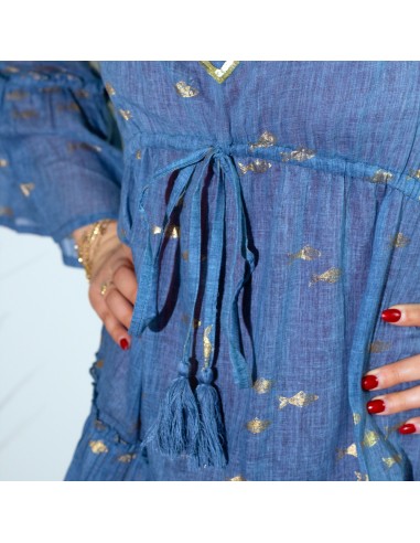 Robe Nomad Sari méditerranéenne – Poissons bleus & dorés (M/L)
