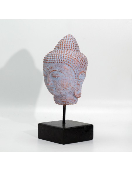 Tête de Bouddha en repos sur socle – Cuivre azuré