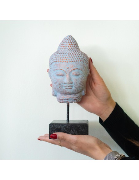 Tête de Bouddha en repos sur socle – Cuivre azuré