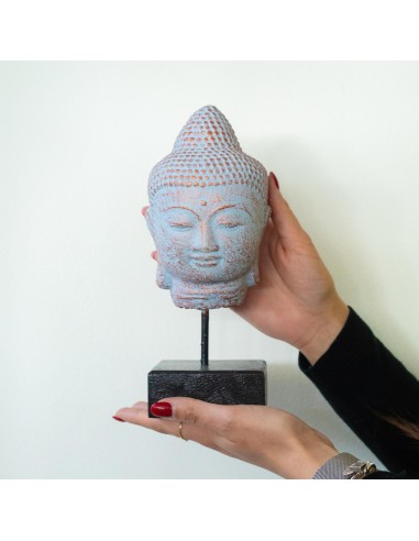 Tête de Bouddha en repos sur socle – Cuivre azuré