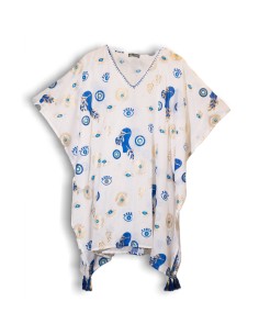 Kaftan Nomad Sari méditerranéen – Œil protecteur blanc, bleu & or