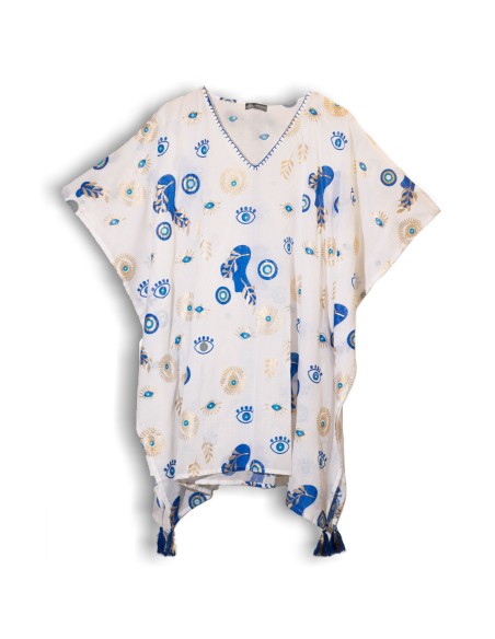 Kaftan Nomad Sari méditerranéen – Œil protecteur blanc, bleu & or