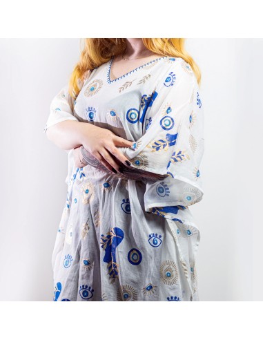 Kaftan Nomad Sari méditerranéen – Œil protecteur blanc, bleu & or
