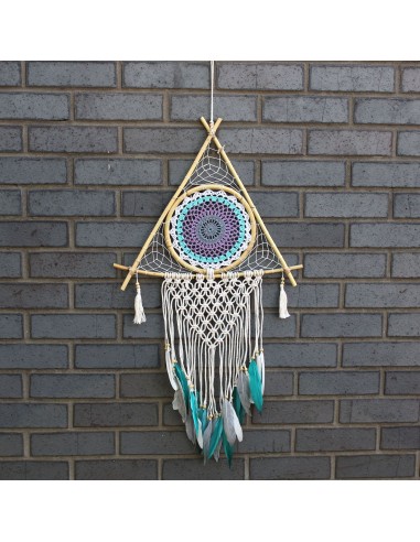 Attrape-rêves macramé pyramide – Blanc & turquoise