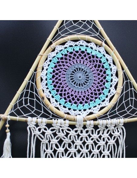 Attrape-rêves macramé pyramide – Blanc & turquoise