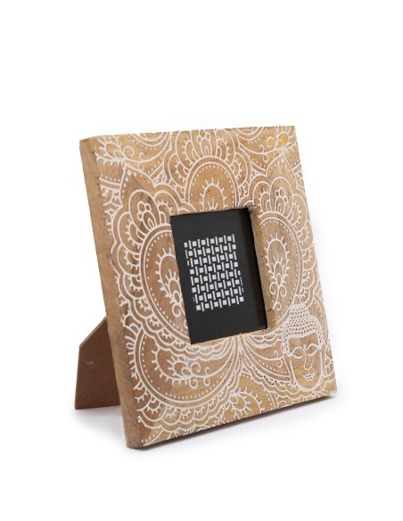 Cadre Bouddha blanc en bois de manguier – Paix intérieure