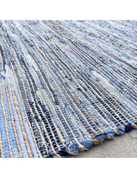 Grand tapis jute & coton recyclé – Bleu calme