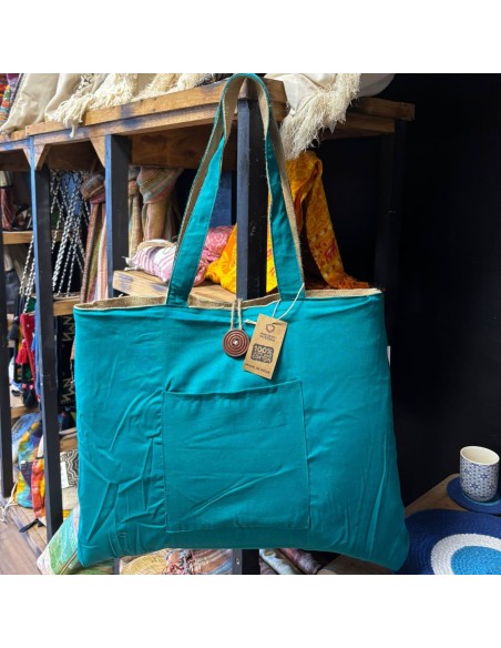 Grand sac réversible en jute & coton – Vert bleuté