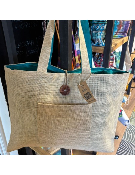 Grand sac réversible en jute & coton – Vert bleuté
