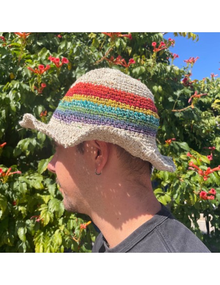 Chapeau de festival bohème en chanvre & coton – Arc-en-ciel